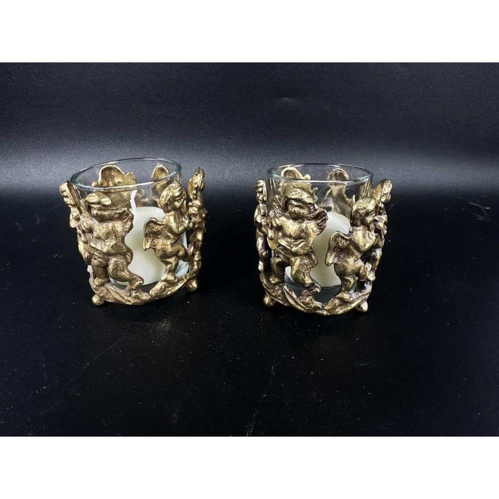 Vintage Solid Brass Dancing Cherub Votive Candle Holders Pair w/ Glass & Candles